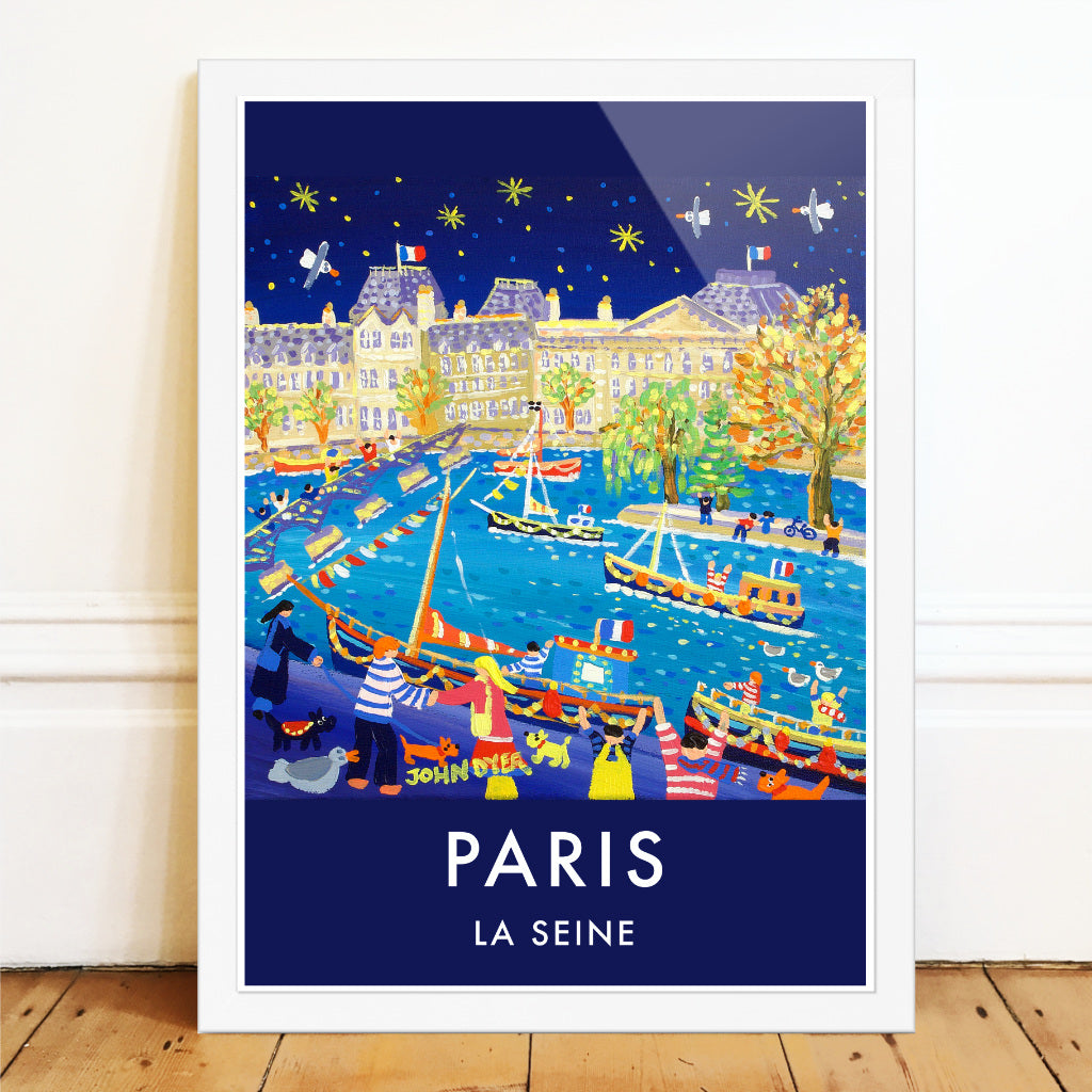 French Print of the River Seine in Paris. Vintage Style Travel Poster Art Print by John Dyer. France Wall Art