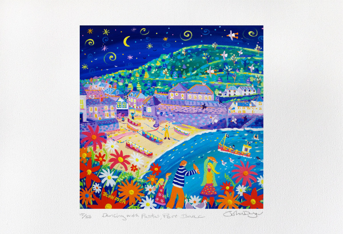 Limited Edition Print by Cornish Artist John Dyer. 'Dancing with Pasties, Port Isaac'. Cornwall Art Gallery Print