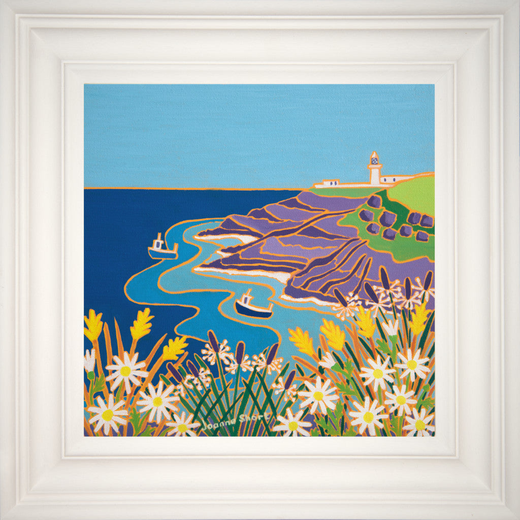 The wonderful sight of the wild Cornish flowers on the cliffs, set against the sea and the view towards Pendeen lighthouse has been captured in this delightful new oil painting by acclaimed Cornish artist Joanne Short. Fishing boats, wild grasses, blue sea and Cornish air all radiate the essence of the Cornish coast from this delightful new painting.