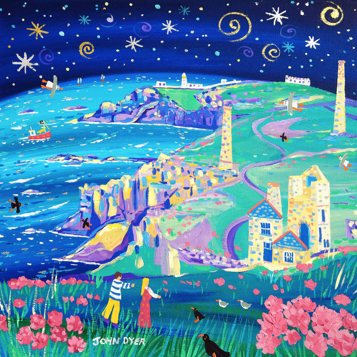 Limited Edition Print by Cornish Artist John Dyer. 'Starlit Walk to Pendeen Lighthouse'. Cornwall Art Gallery Print