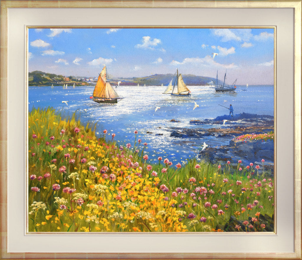 &#39;Sparkling Sea &amp; Wild Flowers. Pendennis Headland. Falmouth&#39;, 20x24 inches oil on canvas. Paintings of Cornwall by Ted Dyer. Cornwall Art Gallery