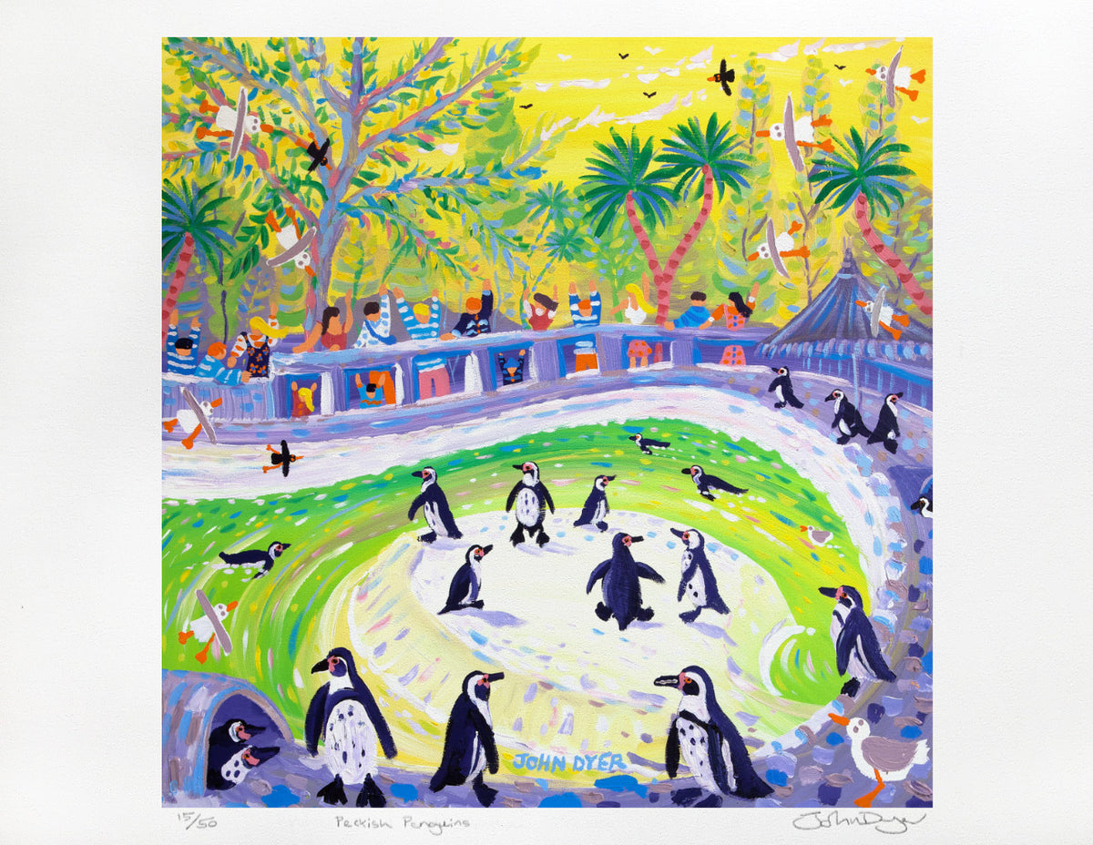 Limited Edition Print by Environmental Artist John Dyer. Peckish Penguins at the Zoo