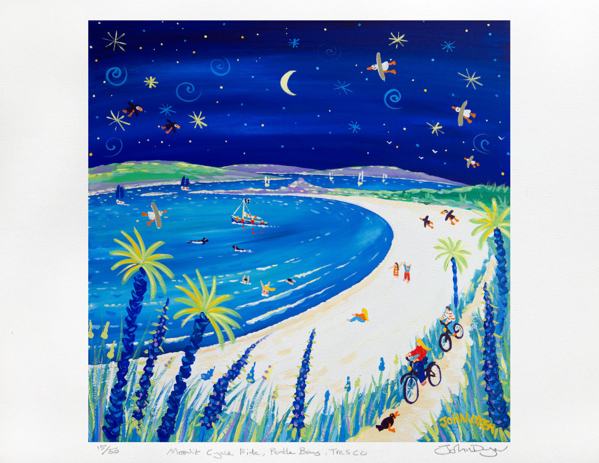 Limited Edition Print by Cornish John Dyer. &#39;Moonlit Cycle Ride, Pentle Bay, Tresco&#39;. Cornwall Art Gallery