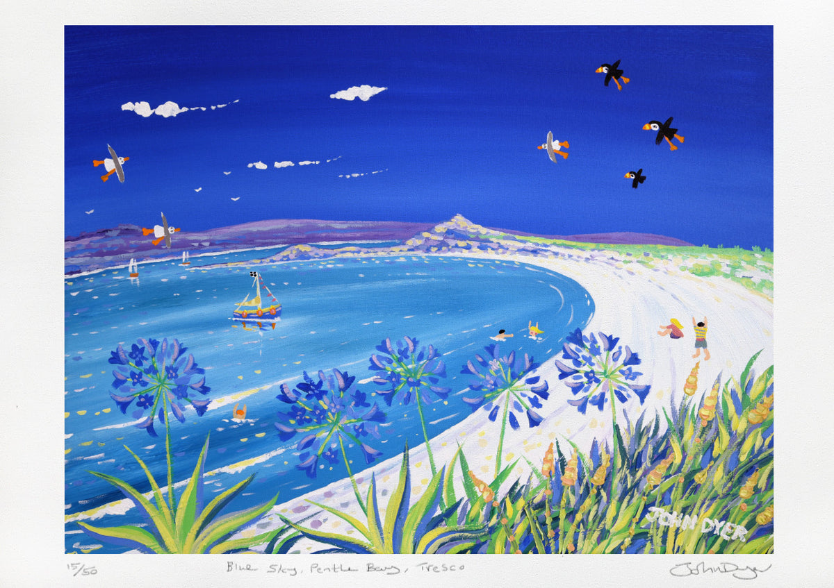 Signed Limited Edition Print by Cornish Artist John Dyer. &#39;Blue Sky, Pentle Bay, Tresco&#39;. Cornwall Art Gallery Print