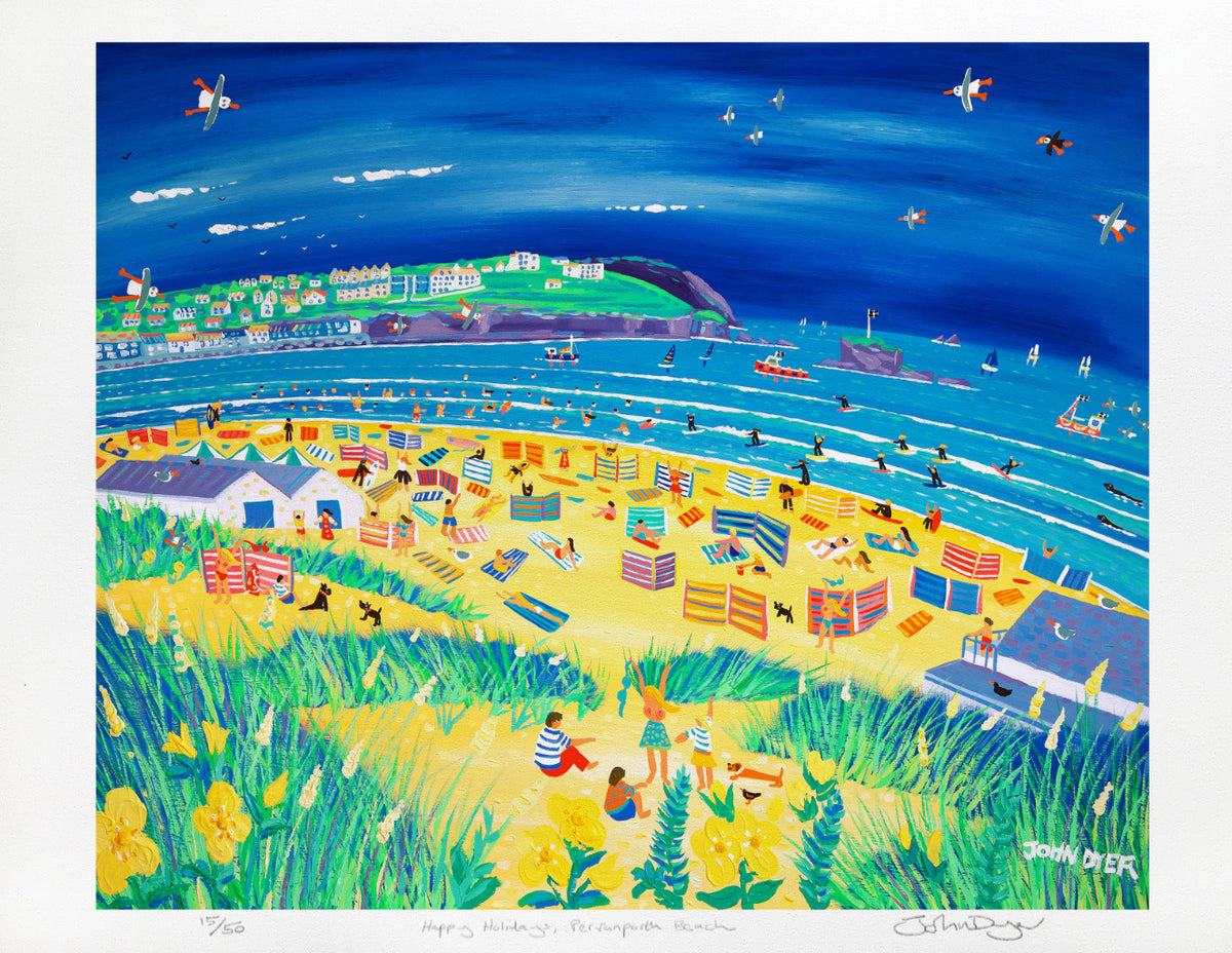 Cornwall Art Limited Edition Print. &#39;Happy Holidays, Perranporth Beach&#39; by John Dyer
