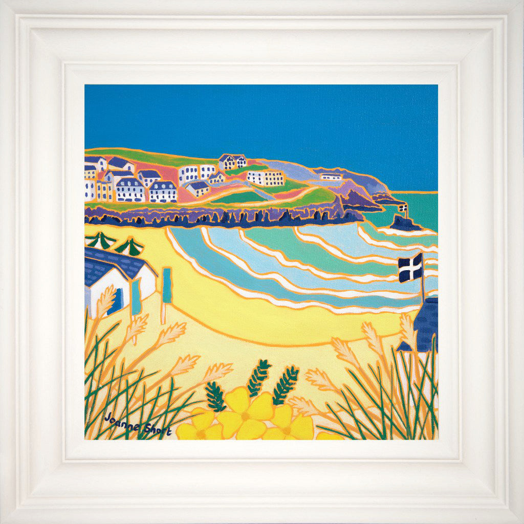 This beautiful framed oil on canvas painting of Perranporth beach by Cornish artist Joanne Short captures the beauty of the beach on an early summers day before the beachgoers arrive. This is a popular holiday spot and this painting will remind you perfectly of those sunny surfing summer days.