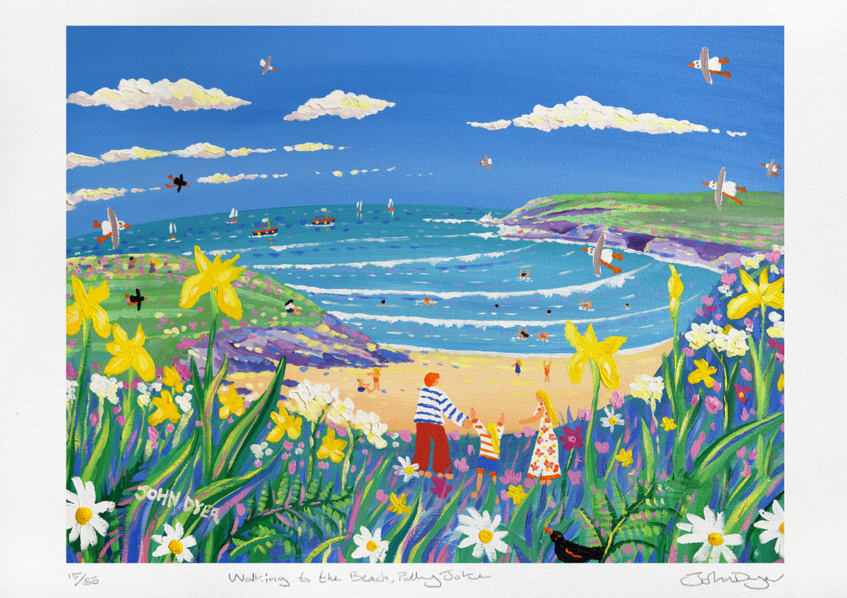Signed Limited Edition Print by Cornish Artist John Dyer. &#39;Walking to the Beach, Polly Joke&#39;. Cornwall Art Gallery Print