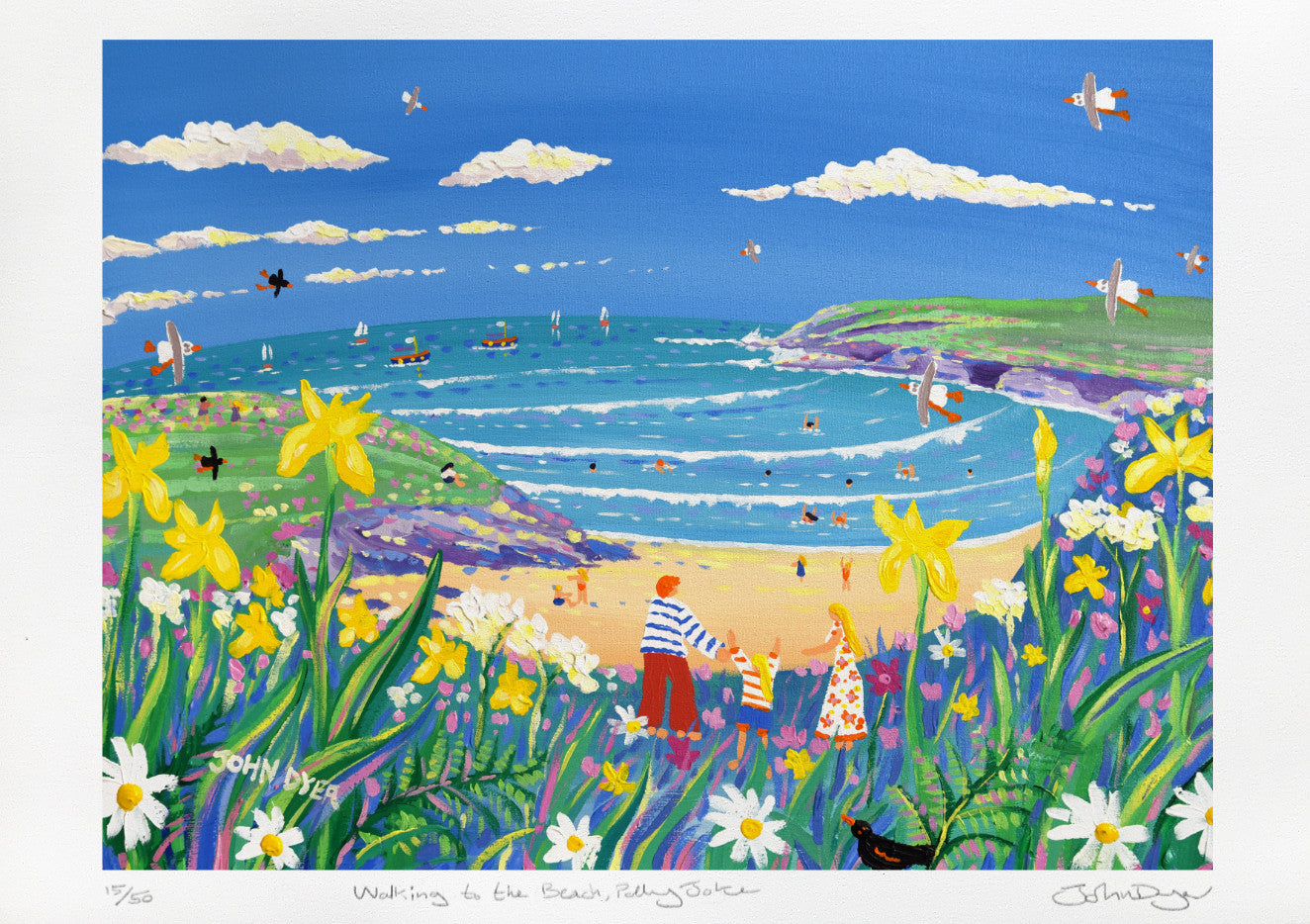 Signed Limited Edition Print by Cornish Artist John Dyer. Walking to the Beach, Polly Joke.