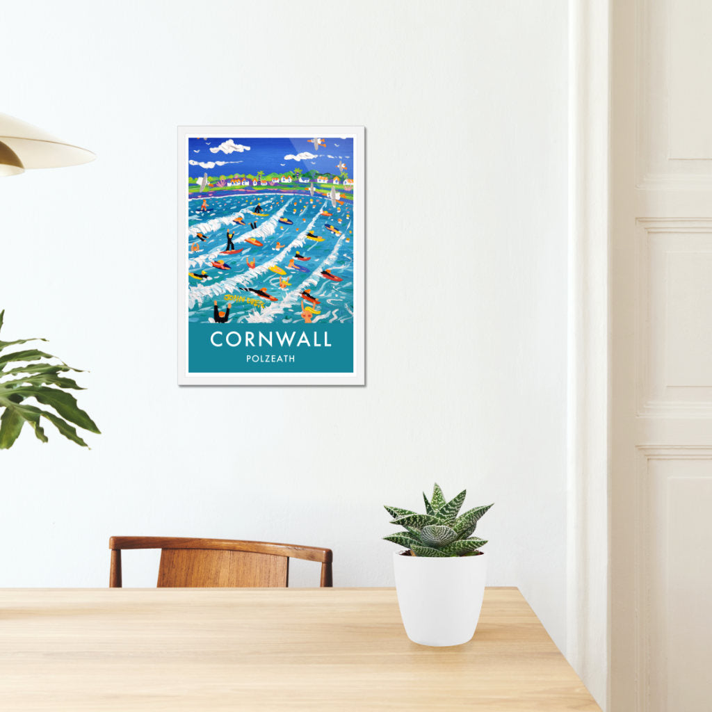 Vintage Style Travel Art Poster Print of Polzeath Beach with Surfers by John Dyer