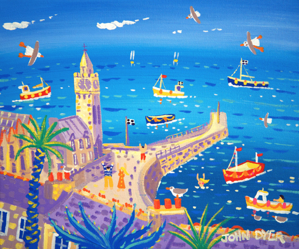John Dyer Limited Edition Print. &#39;Blue Sea and Fishing Boats, Porthleven&#39;. Cornwall Art Gallery Print.