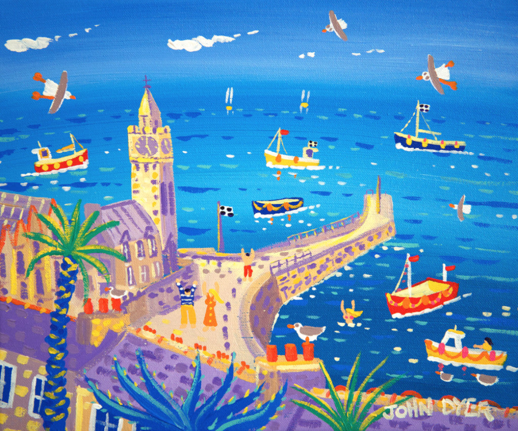 John Dyer Limited Edition Print. 'Blue Sea and Fishing Boats, Porthleven'. Cornwall Art Gallery Print.