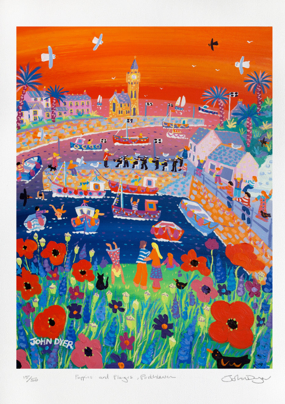 Signed Limited Edition Print by Cornish Artist John Dyer. &#39;Poppies and Players, Porthleven&#39;. Cornwall Art Gallery Print