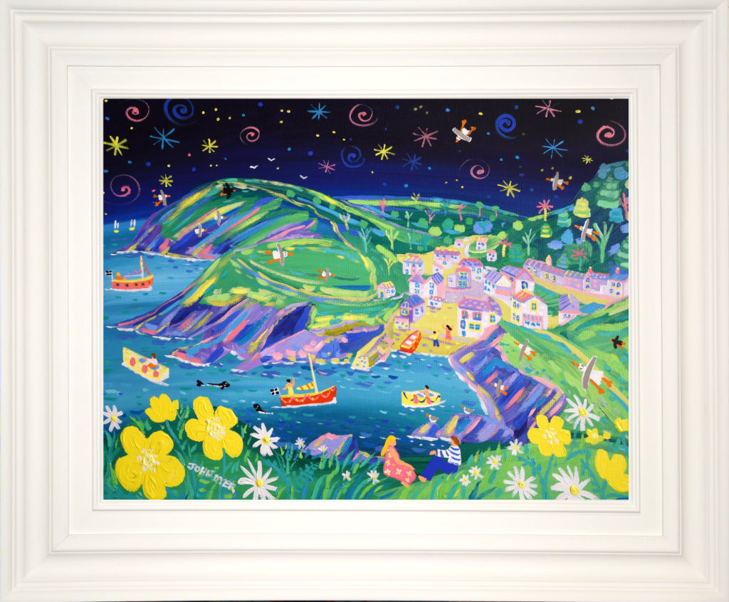 John Dyer painting of the fishing village of Portloe in Cornwall. Buttercups and daisies with a couple, fishermen, seals, stars and seagulls. Nighttime painting.
