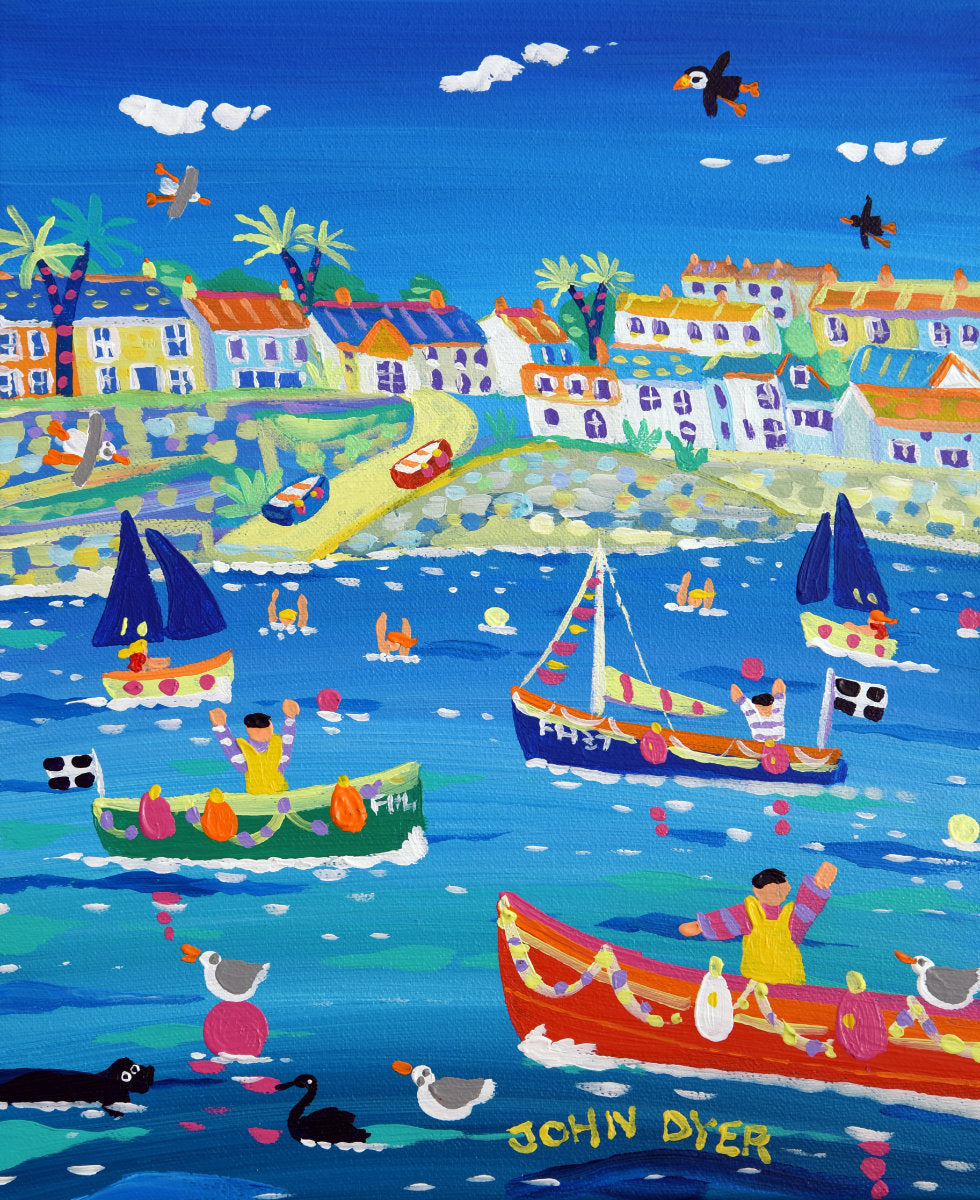 &#39;High Tide Portscatho&#39;, 12x10 inches acrylic on canvas. Paintings of Cornwall. Cornish Artist John Dyer. Cornwall Art Gallery