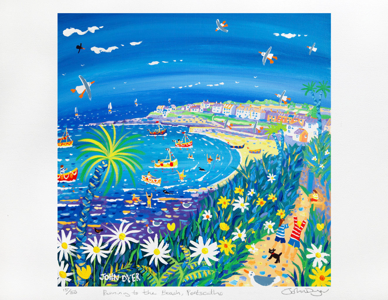 Cornish Art Limited Edition Print by Artist John Dyer. 'Running to the Beach, Portscatho'. Cornwall Art Gallery Print
