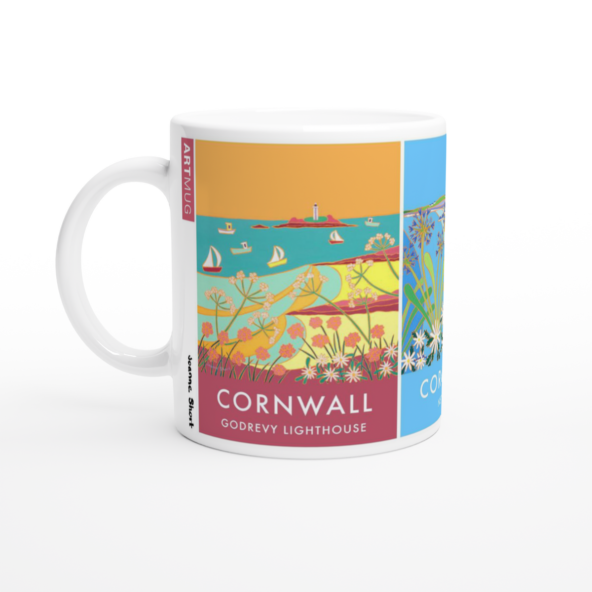 Joanne Short Ceramic Cornish Art Mug featuring Godrevy, Newquay and Holywell Bay in Cornwall