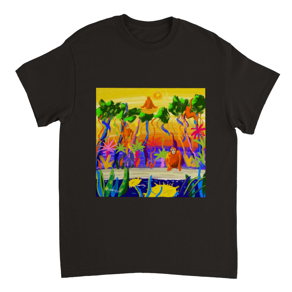 John Dyer Unisex Cornwall Art T-Shirt. Orangutan Rainforest Sunset. Borneo Art Gallery