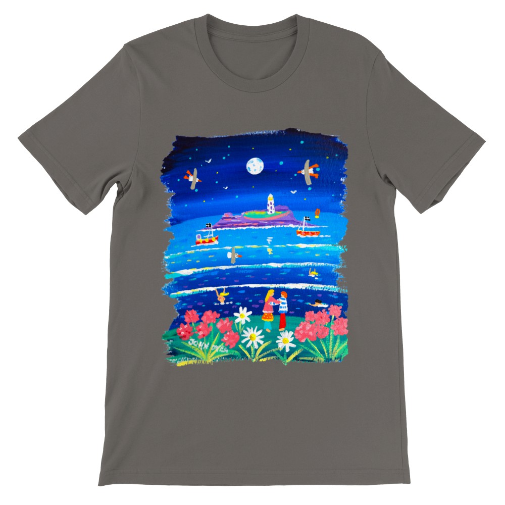 John Dyer Unisex Seaside Art Cornwall T-Shirt. 'Full Moon Lovers, Godrevy Lighthouse'. Cornwall Art Gallery