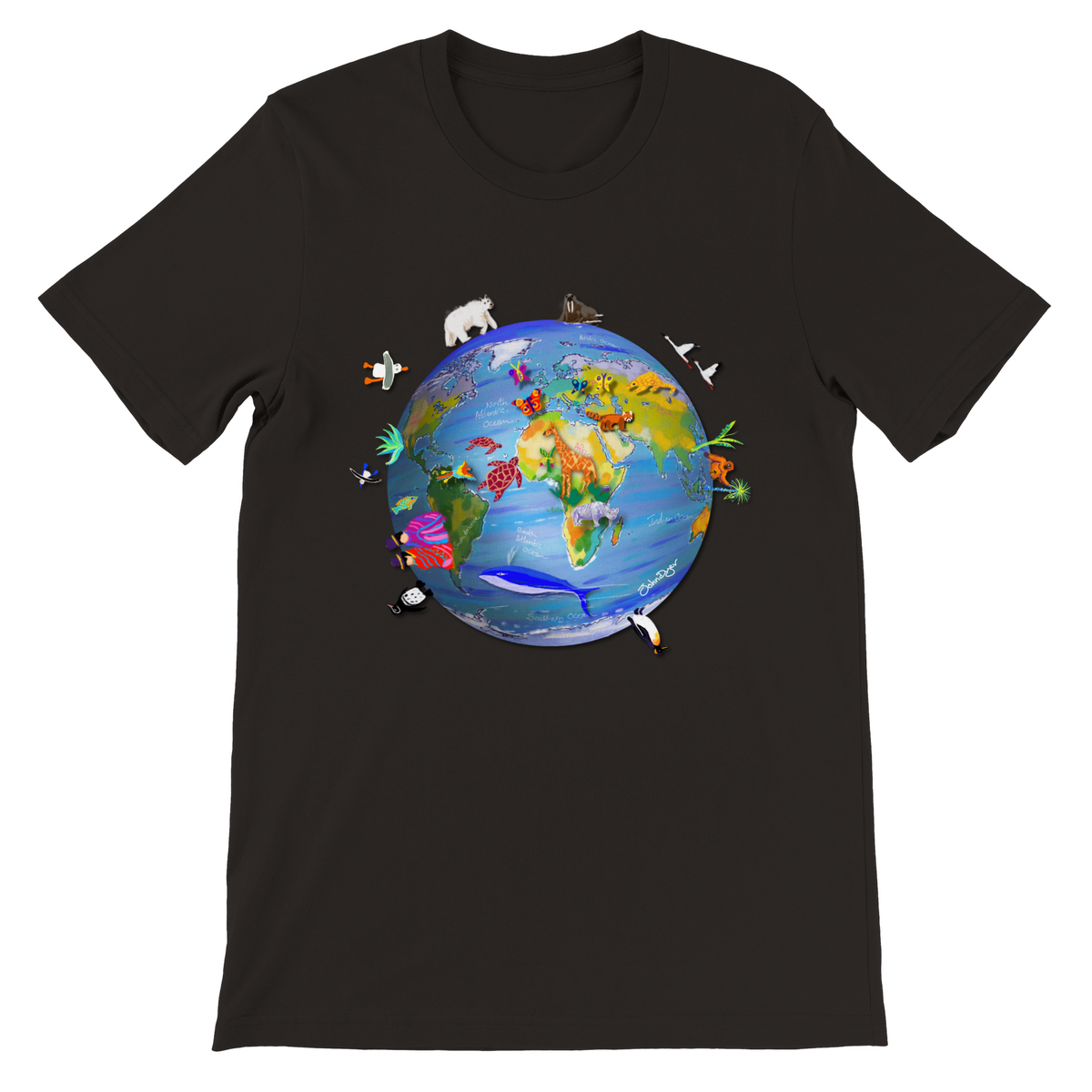 Black Earth T-Shirt featuring art from John Dyer of planet earth, climate change and wildlife. This fantastic art earth t-shirt features a drawing of planet earth with endangered animals and environments. Unisex and eco-friendly. Free worldwide delivery.