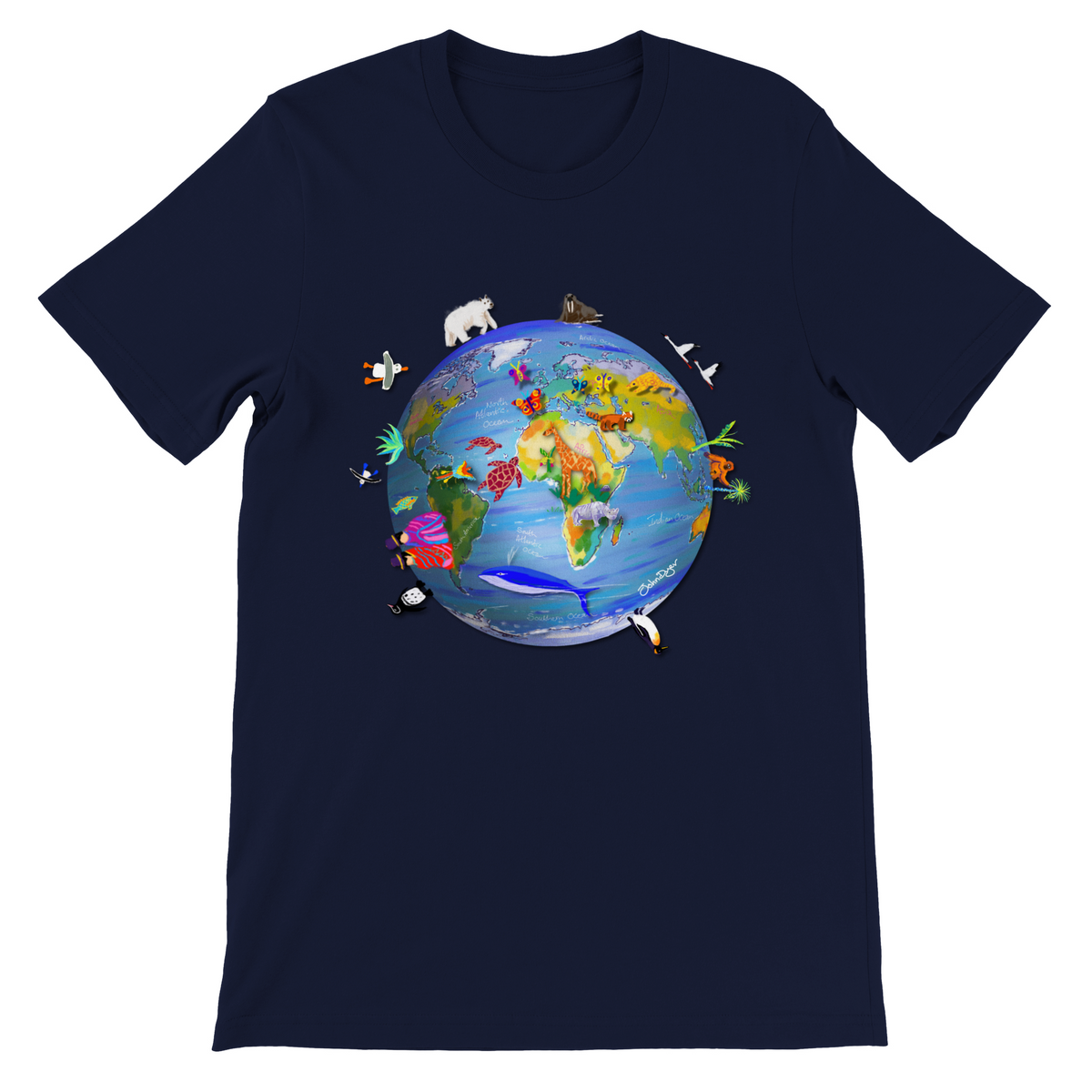 Blue Earth T-Shirt featuring art from John Dyer of planet earth, climate change and wildlife. This fantastic art earth t-shirt features a drawing of planet earth with endangered animals and environments. Unisex and eco-friendly. Free worldwide delivery.