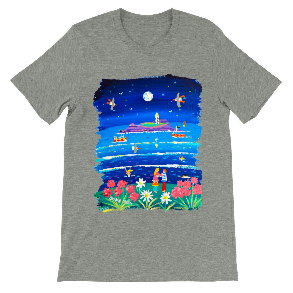 John Dyer Unisex Seaside Art Cornwall T-Shirt. &#39;Full Moon Lovers, Godrevy Lighthouse&#39;. Cornwall Art Gallery