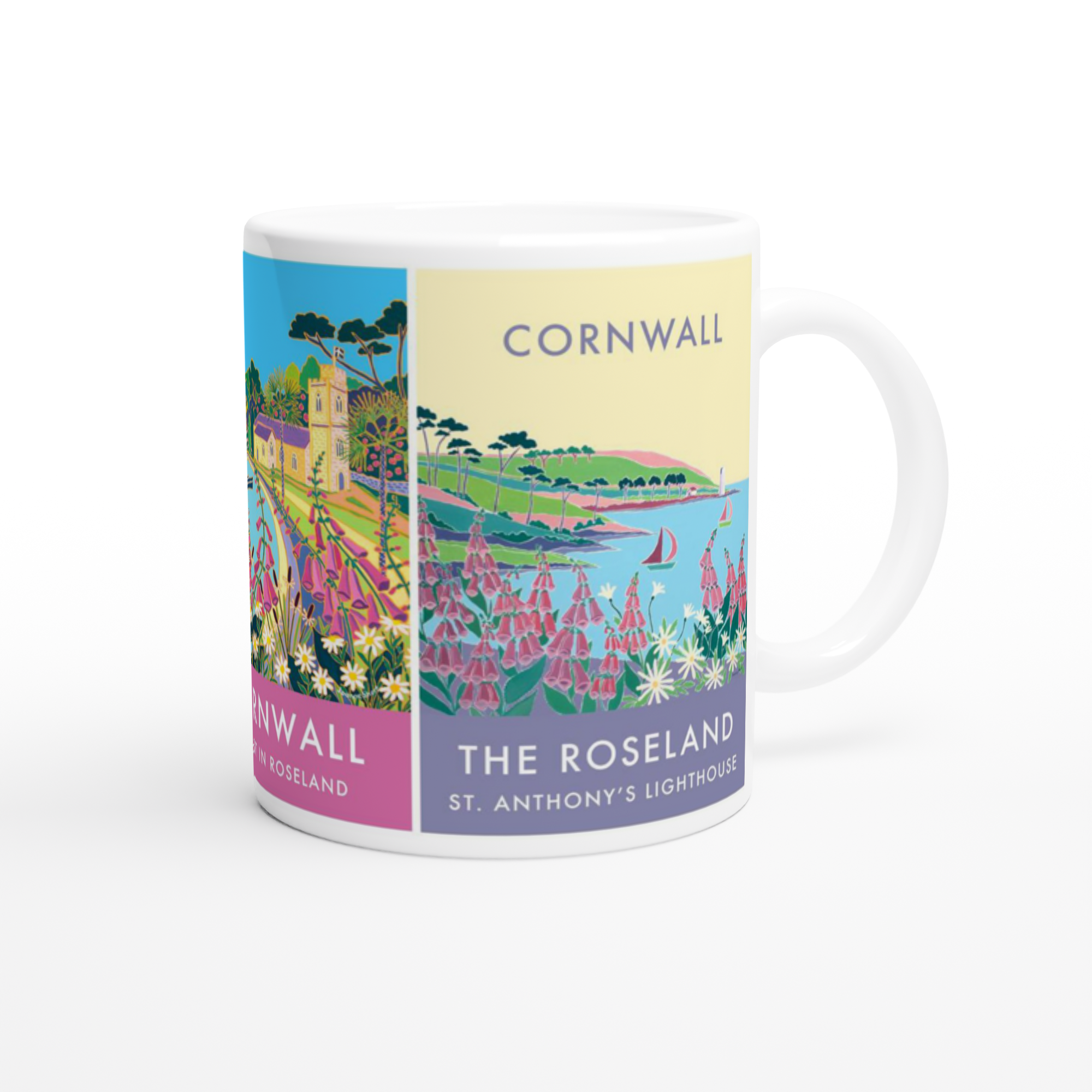 Cornish Art Mug featuring St Mawes, St Just in Roseland and St Anthony's Lighthouse by artist Joanne Short