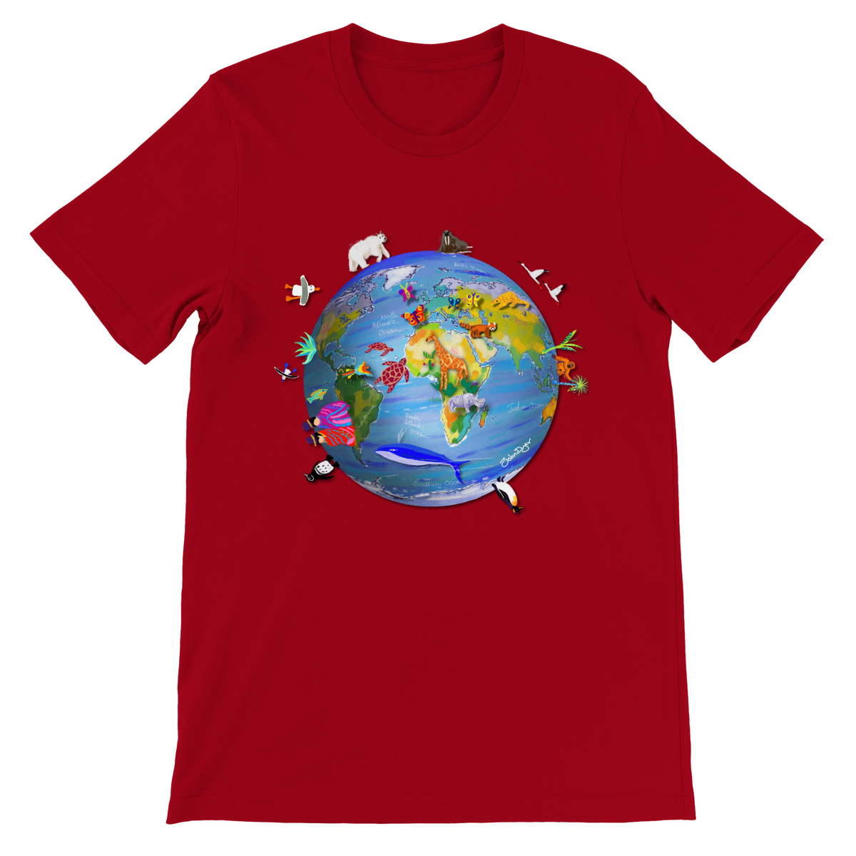 Red Earth T-Shirt featuring art from John Dyer of planet earth, climate change and wildlife. This fantastic art earth t-shirt features a drawing of planet earth with endangered animals and environments. Unisex and eco-friendly. Free worldwide delivery.