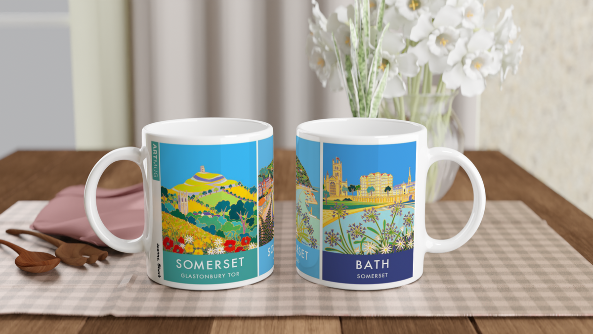 Joanne Short Ceramic Somerset Art Mug featuring Glastonbury Tor, Minehead and Bath