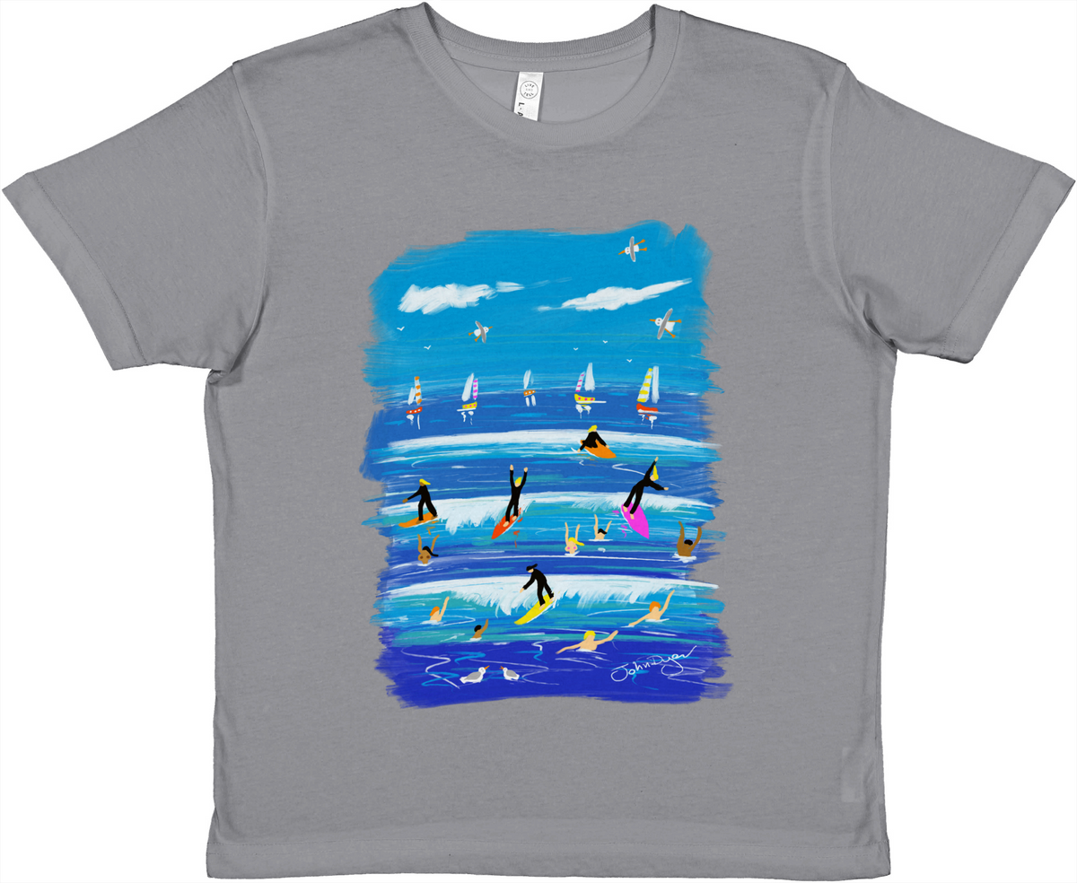 John Dyer Premium Kids Crewneck Unisex Art T-Shirt. Cornish Surfers.