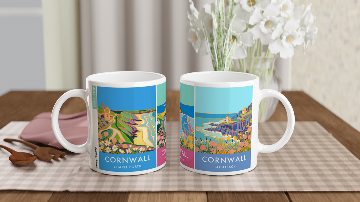 Joanne Short Ceramic Cornish Art Mug featuring Chapel Porth, Cape Cornwall and the Tin Mines of Botallack