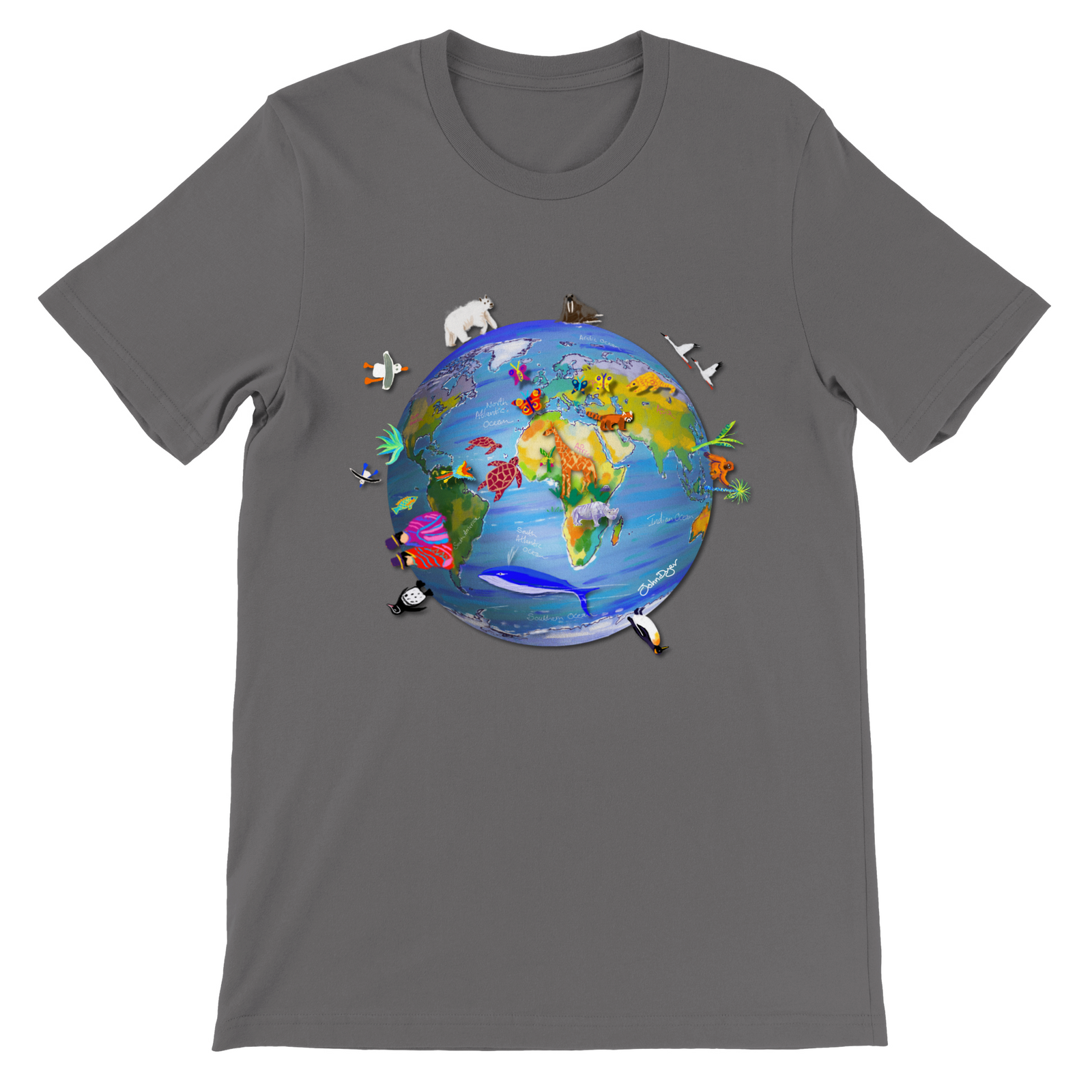 Earth T-Shirt featuring art from John Dyer of planet earth, climate change and wildlife. This fantastic art earth t-shirt features a drawing of planet earth with endangered animals and environments. Unisex and eco-friendly. Free worldwide delivery.