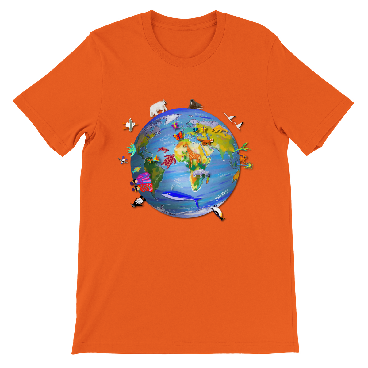 Orange Earth T-Shirt featuring art from John Dyer of planet earth, climate change and wildlife. This fantastic art earth t-shirt features a drawing of planet earth with endangered animals and environments. Unisex and eco-friendly. Free worldwide delivery.