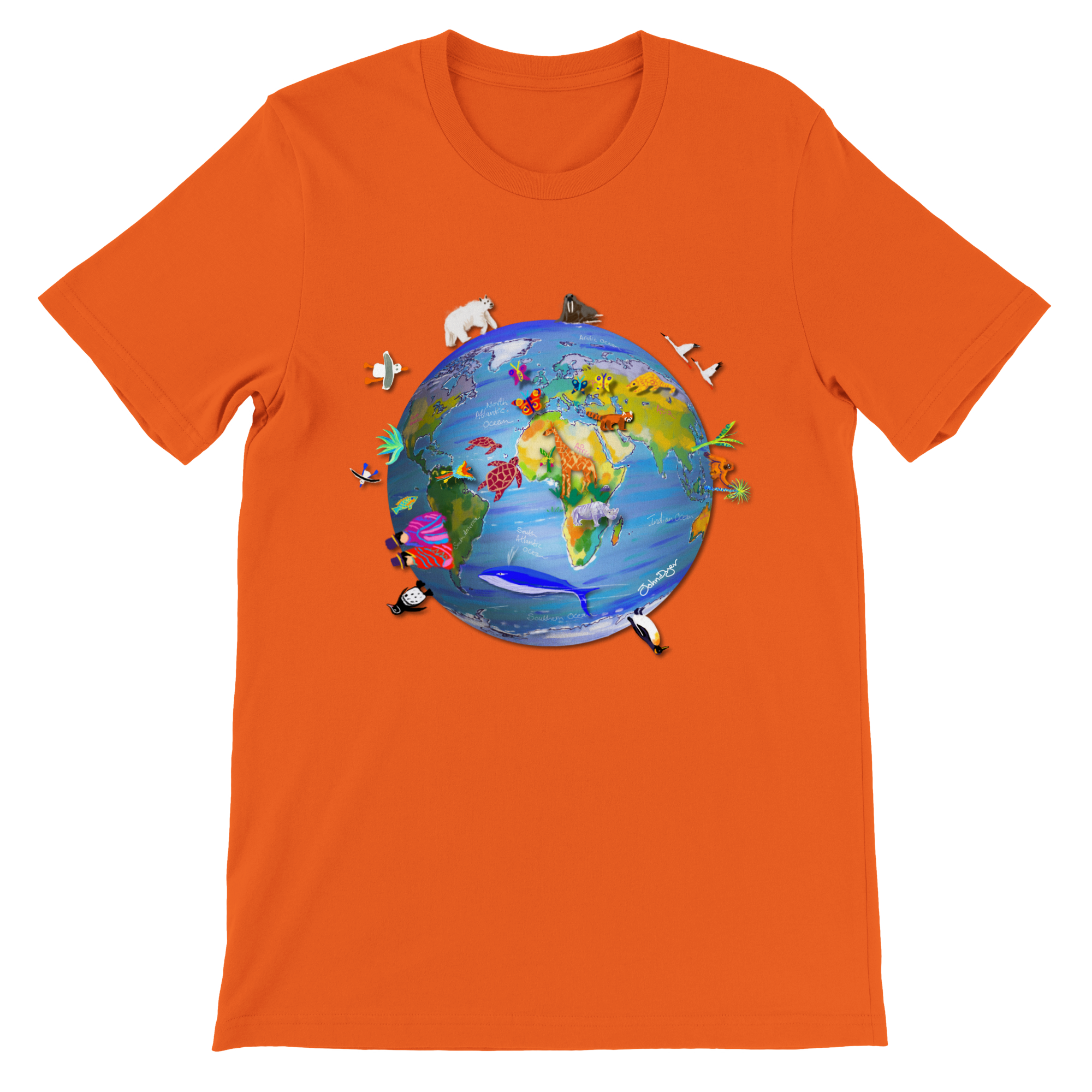 Earth T-Shirt featuring art from John Dyer of planet earth, climate change and wildlife. This fantastic art earth t-shirt features a drawing of planet earth with endangered animals and environments. Unisex and eco-friendly. Free worldwide delivery.