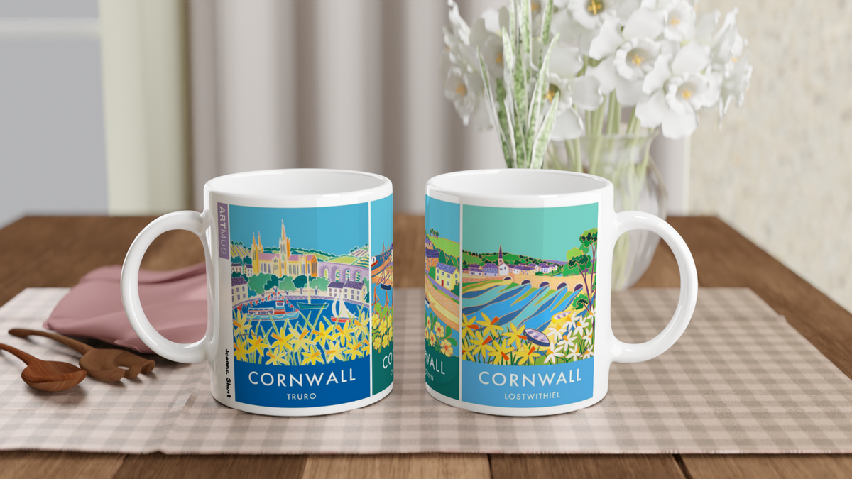 Joanne Short Ceramic Cornish Art Mug featuring Truro, Charlestown and Lostwithiel in Cornwall