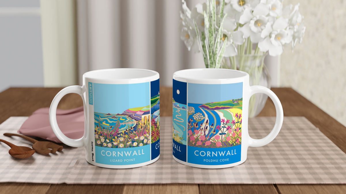 Joanne Short Ceramic Cornish Art Mug featuring Lizard Peninsula, Lizard Point, Lizard Lighthouse and Poldhu Cove