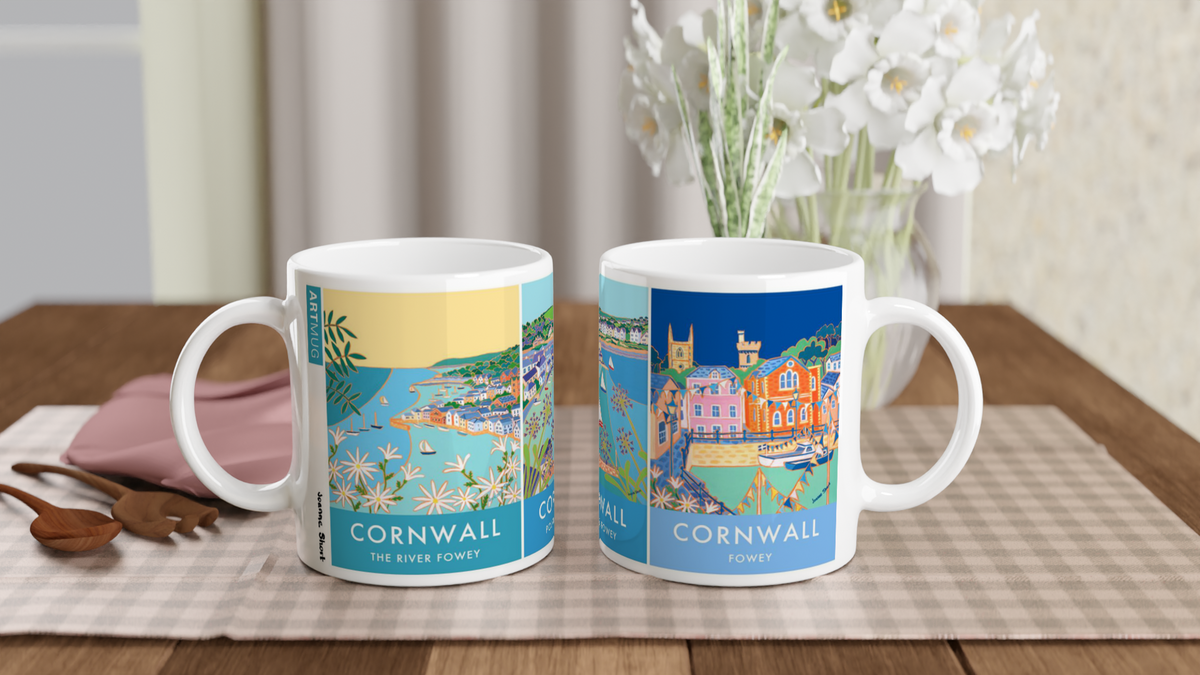 Joanne Short Ceramic Cornish Art Mug featuring Fowey, Polruan and the River Fowey in Cornwall.