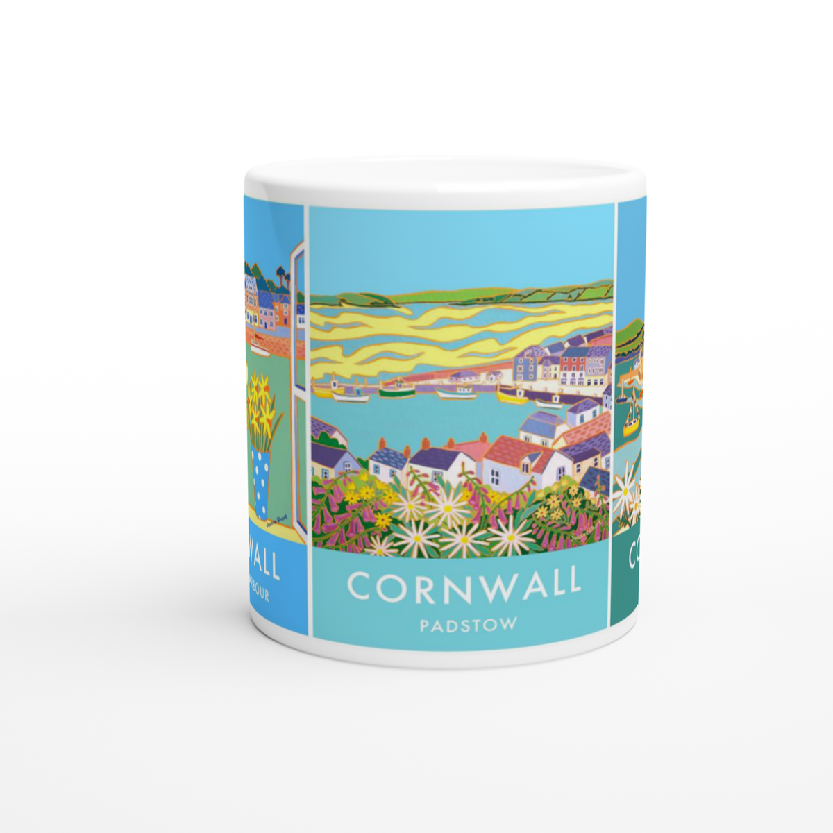 Joanne Short Ceramic Cornish Art Mug featuring Padstow Harbour, Padstow and Rock in Cornwall