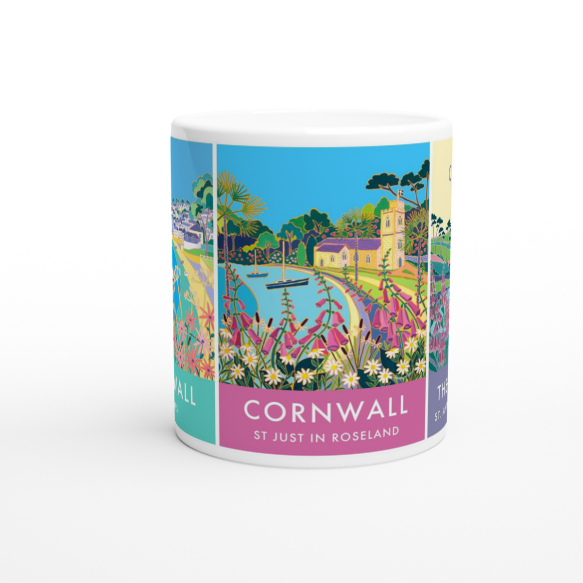 Joanne Short Ceramic Cornish Art Mug featuring the Roseland in Cornwall, St Mawes, St Just in Roseland and St Anthony&#39;s Lighthouse