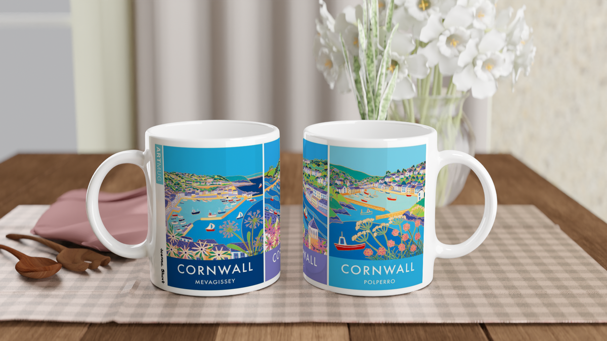 Joanne Short Ceramic Cornish Art Mug, Mevagissey, Looe and Polperro Cornish Fishing Villages