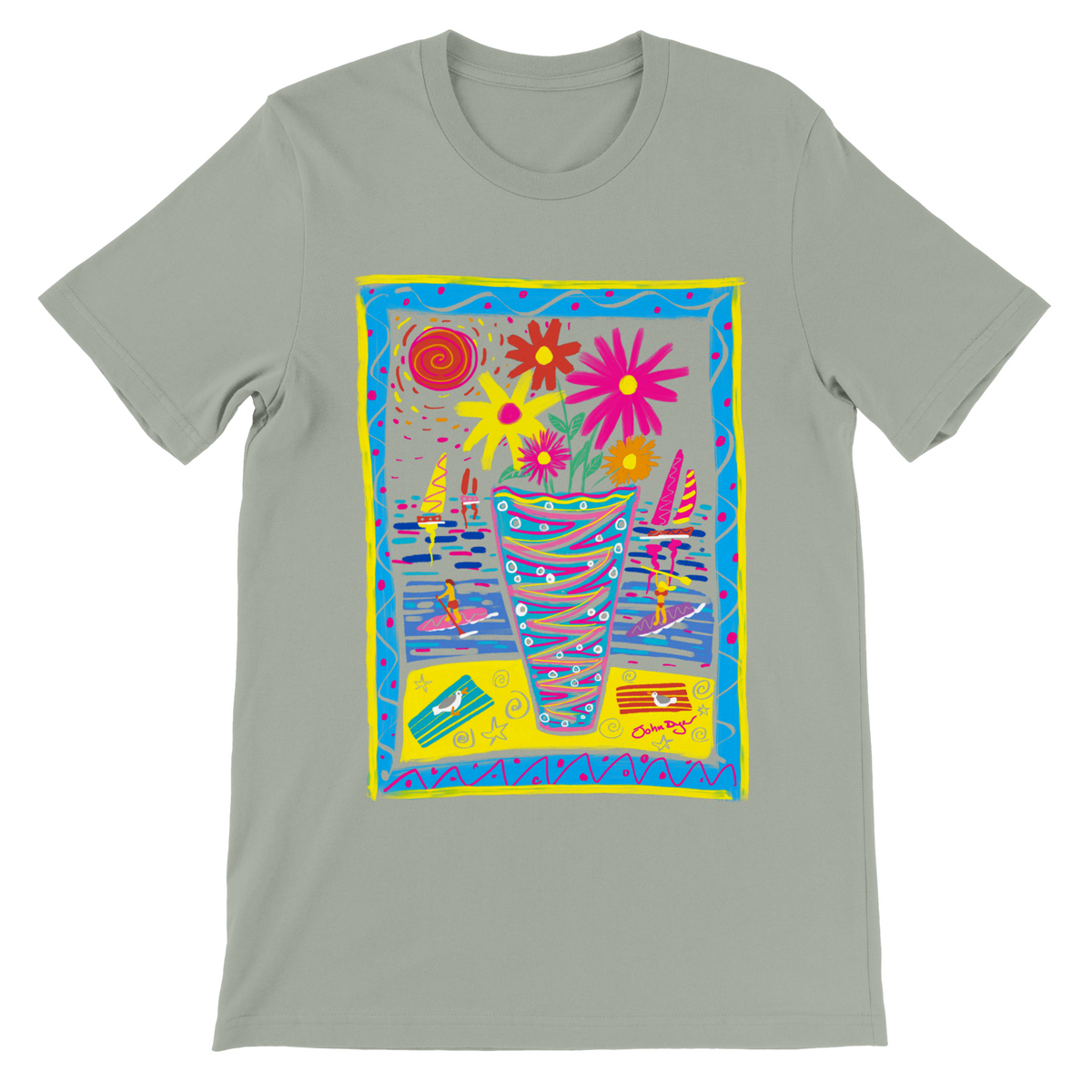 John Dyer Unisex Art T-Shirt. Summer Paddle Boarding Cornwall with Sailing Boats and Flowers