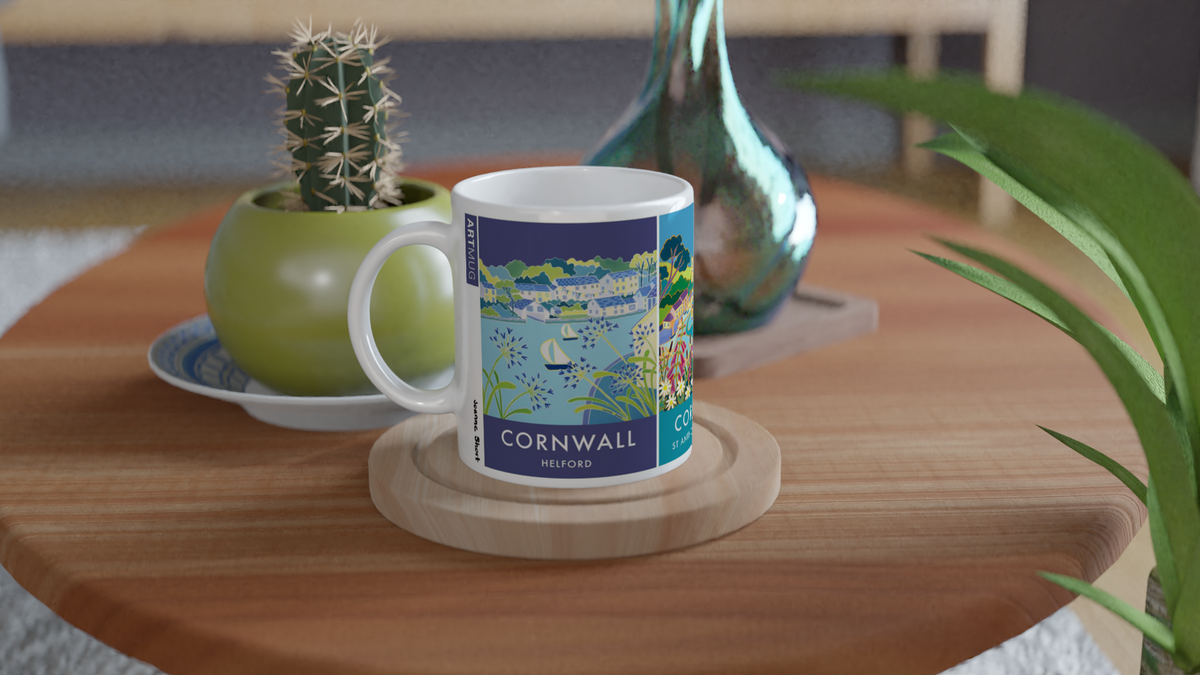 Joanne Short Ceramic Cornish Art Mug featuring Helford, Helford Passage and St Anthony in Meneage