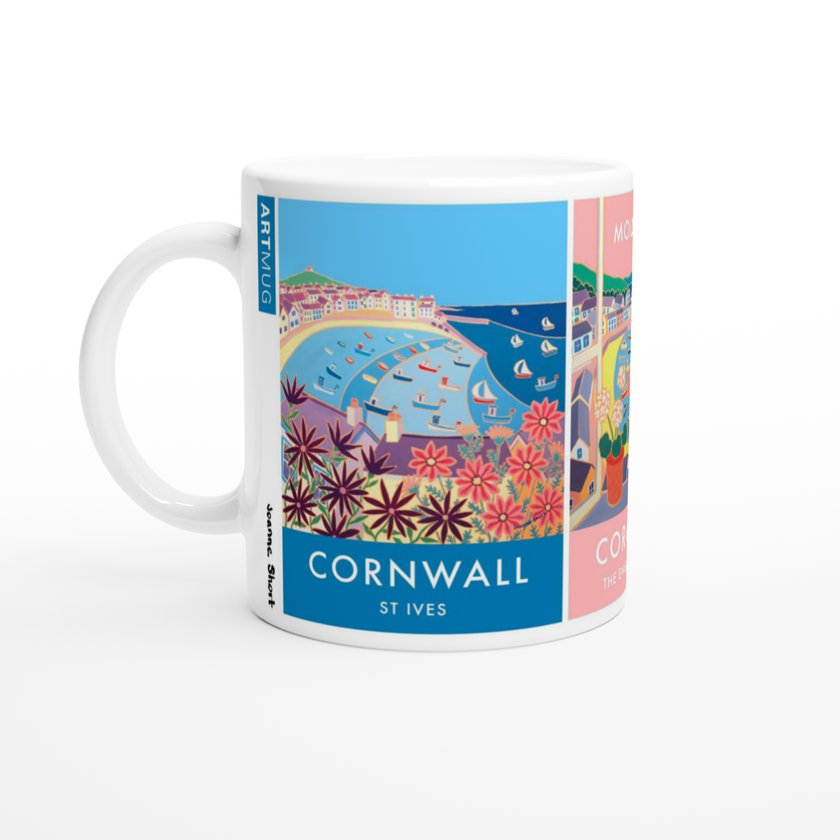Joanne Short Ceramic Cornish Art Mug featuring St Ives and Mousehole on the Penwith Peninsula in Cornwall