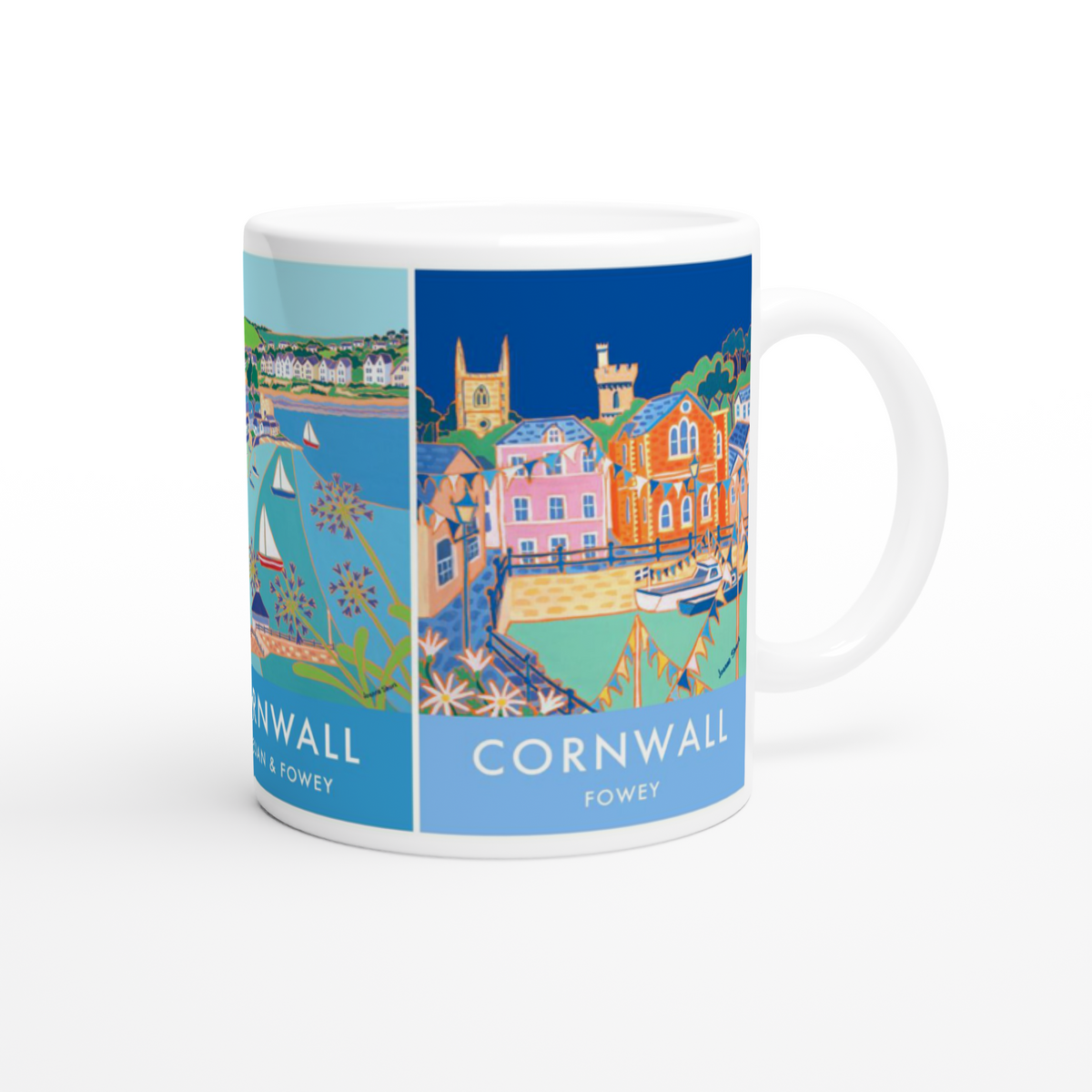 Joanne Short Ceramic Cornish Art Mug featuring Fowey, Polruan and the River Fowey in Cornwall.