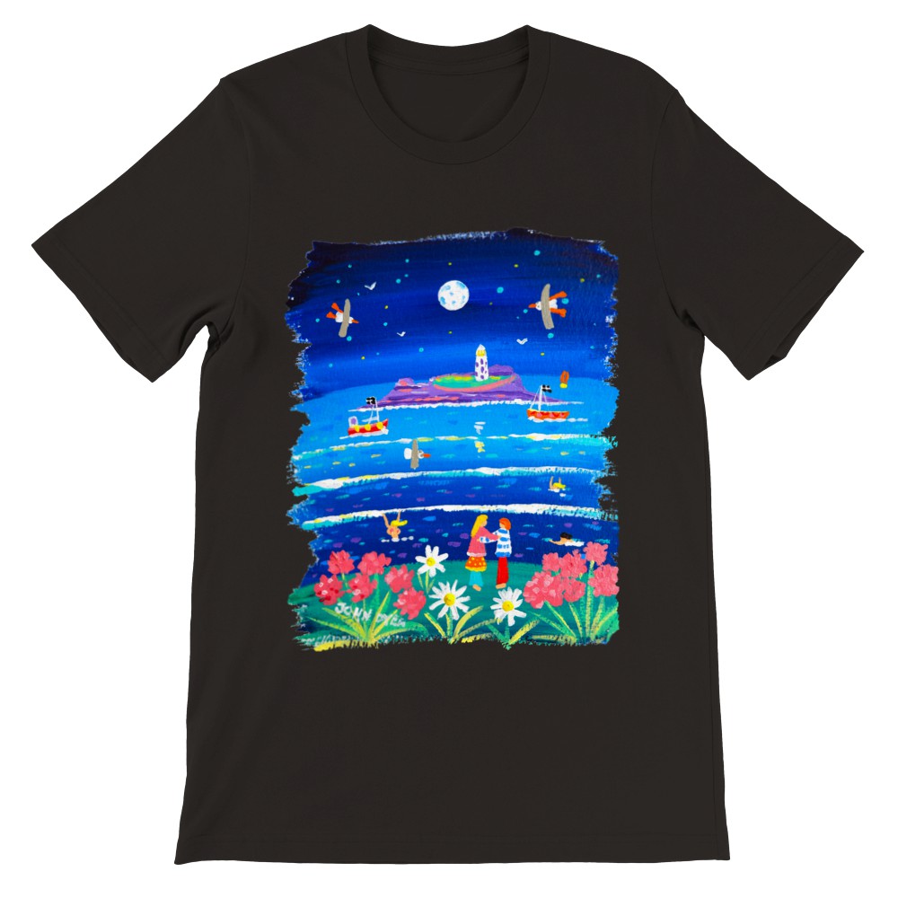 John Dyer Unisex Seaside Art Cornwall T-Shirt. &#39;Full Moon Lovers, Godrevy Lighthouse&#39;. Cornwall Art Gallery