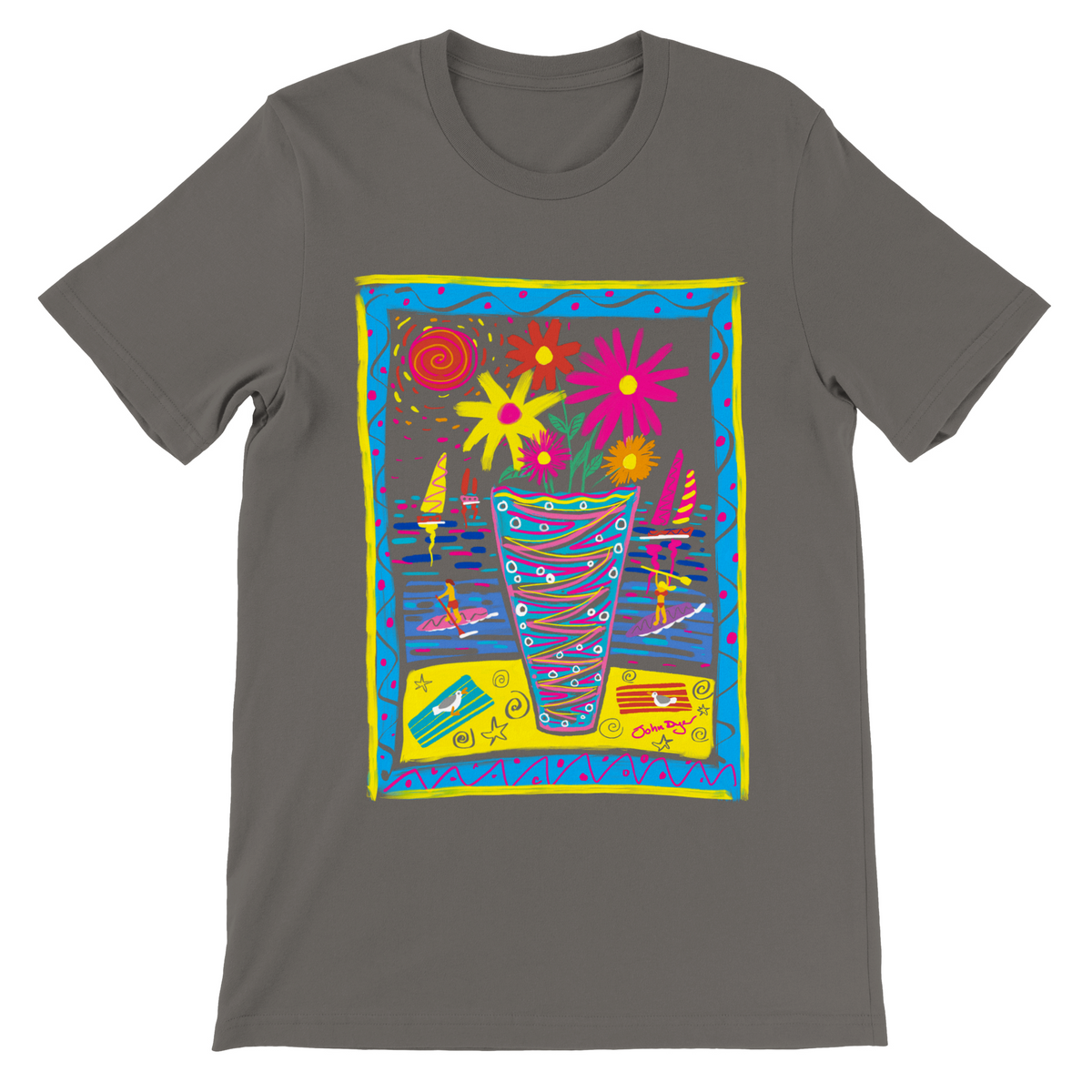 John Dyer Unisex Art T-Shirt. Summer Paddle Boarding Cornwall with Sailing Boats and Flowers