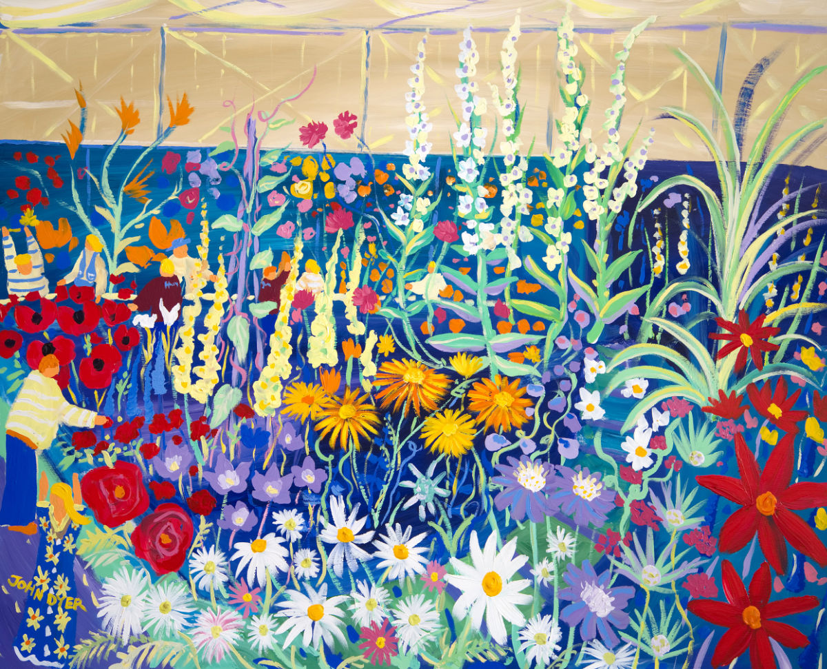 Garden Painting by John Dyer. 'Prize Blooms'. RHS Tent BBC Gardeners' World Live. Cornwall Art Gallery.