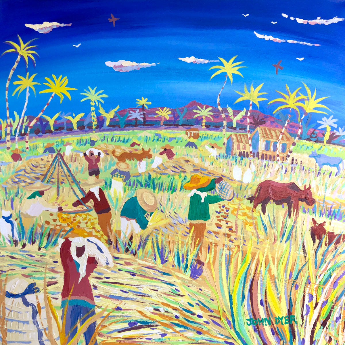 &#39;Winnowing in the Wind, the Philippines Rice Harvest&#39;. 24x24 inches acrylic on canvas. Paintings of Philippines by John Dyer from our Online Art Gallery