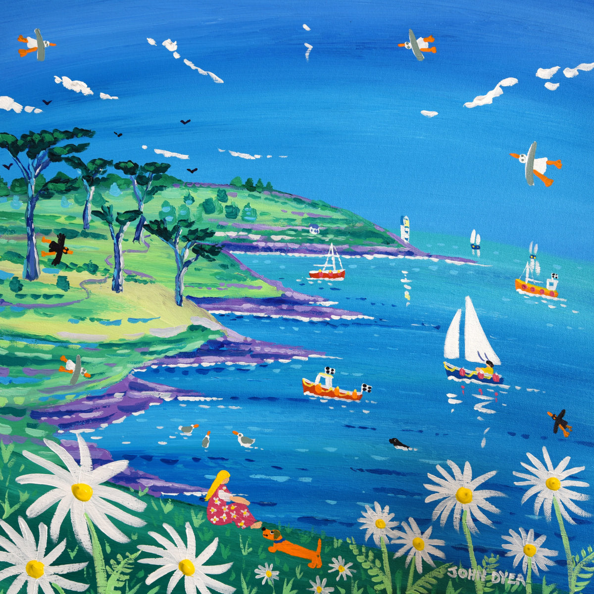 'View to the Lighthouse, Roseland Peninsula', 18x18 inches acrylic on canvas. Cornwall Painting by Cornish Artist John Dyer. Cornish Art from our Cornwall Art Gallery