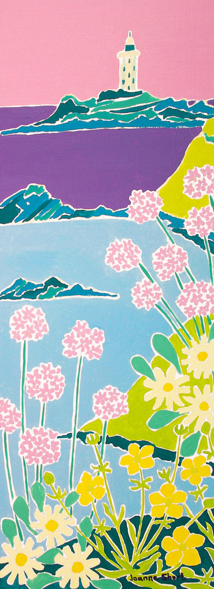 Signed Limited Edition Print by Cornish Artist Joanne Short. 'Sea Pinks and Buttercups, Godrevy Lighthouse'. Cornwall Art Gallery Print