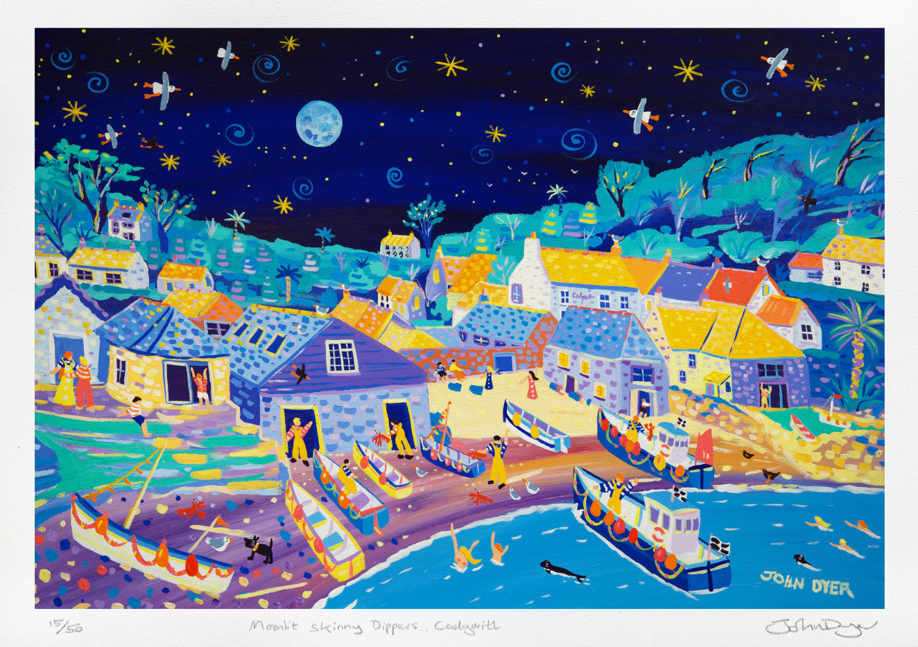 Cornish Art Limited Edition Print by John Dyer. 'Moonlit Skinny Dippers, Cadgwith'. Cornwall Art Gallery Print